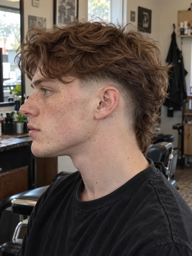 AI concept: high drop fade with a layered wolf mullet, left-side near-profile view.