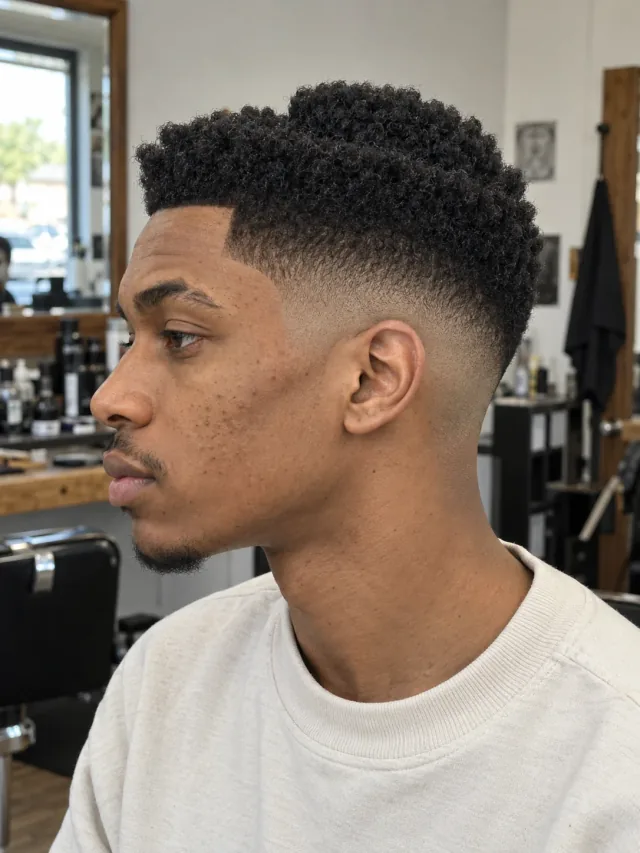 AI concept: mid skin fade with a stepped coily top, left-side near-profile view.