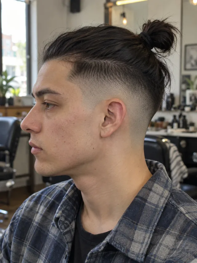 AI concept: high skin fade with a compact topknot, left-side near-profile view.