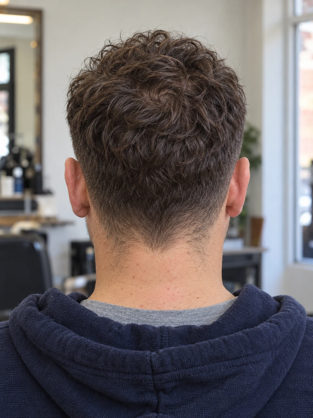 AI concept: short wavy crop with a low taper, rear view.