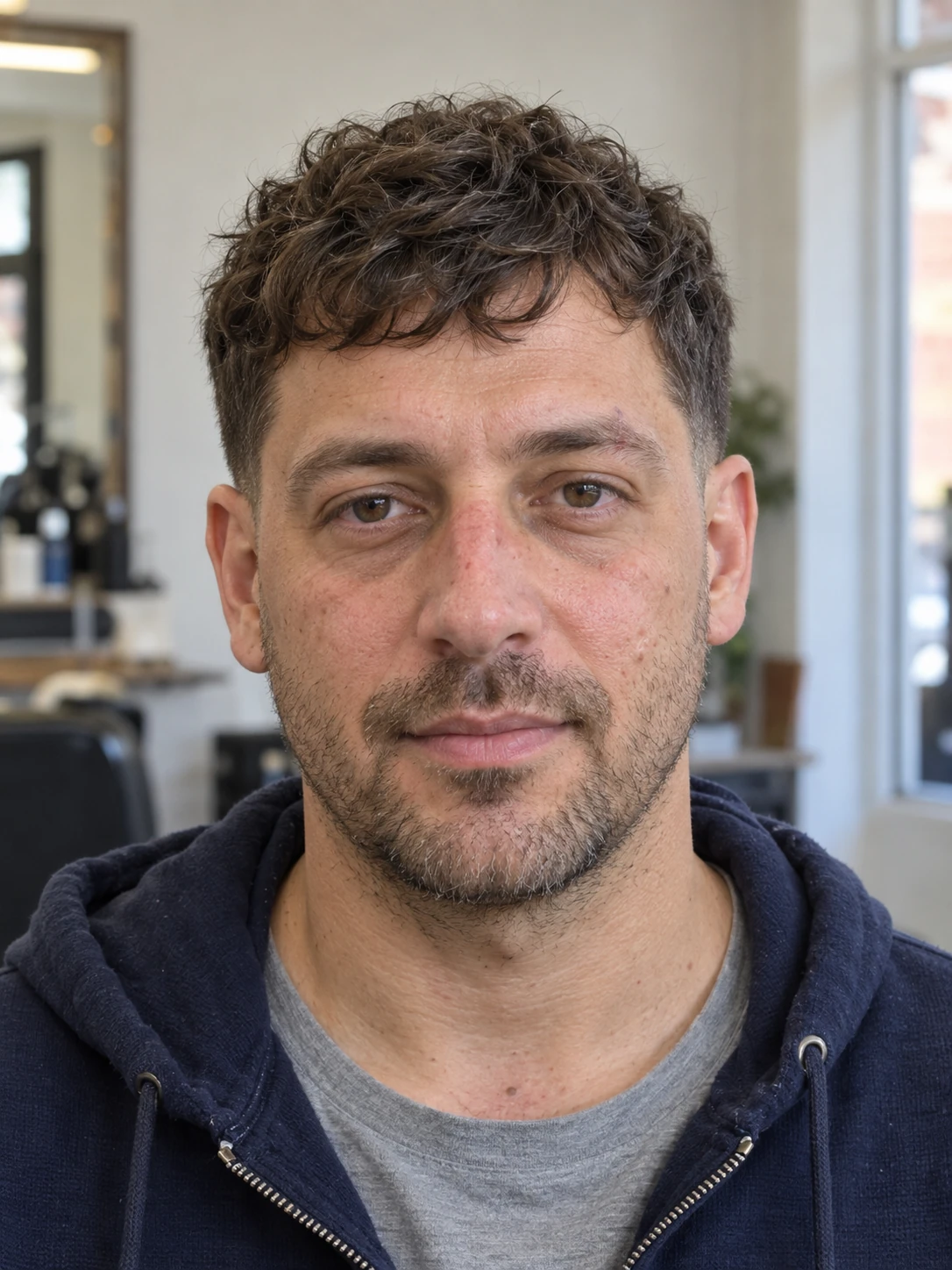 Front reference for low taper fade with a wavy textured crop — four still reference angles