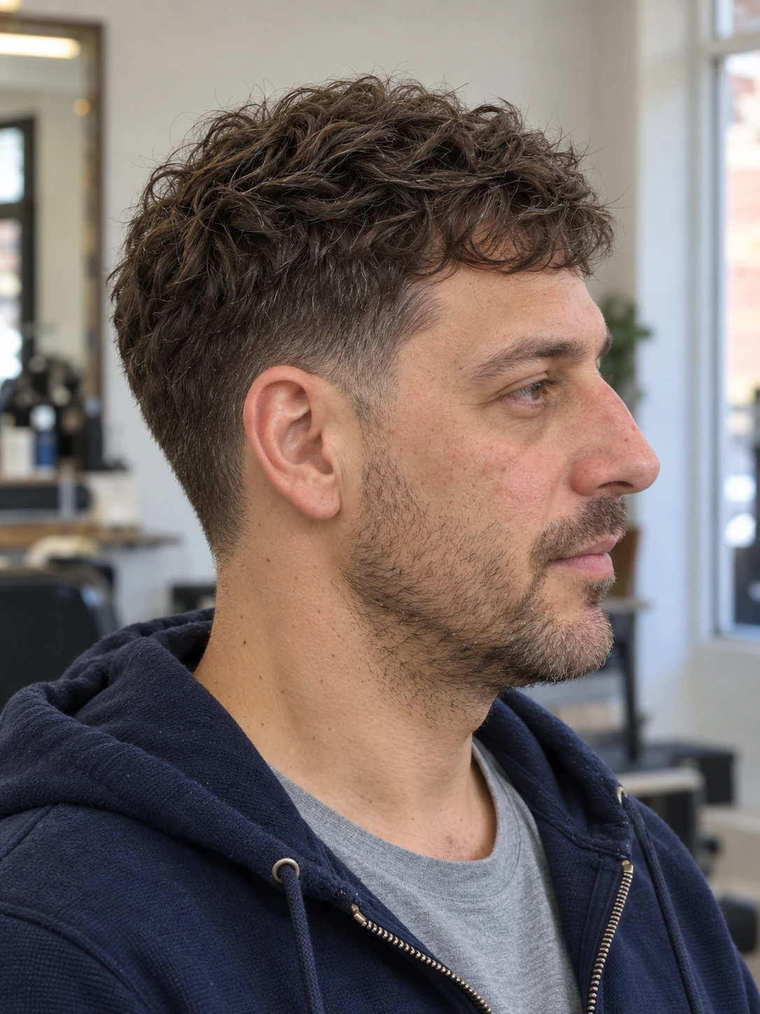 AI concept: short wavy crop with a low taper, right-side view.