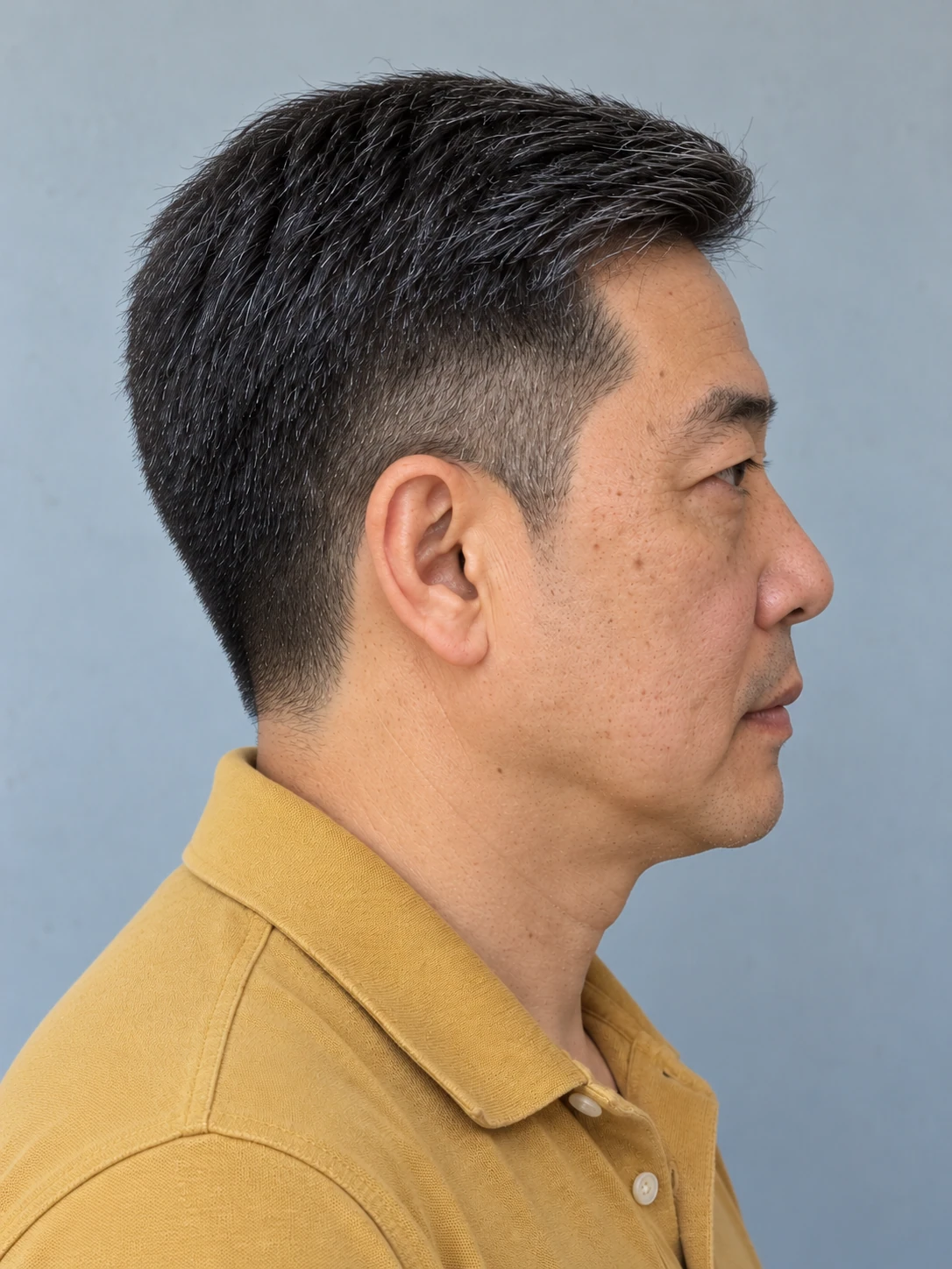 AI concept: side-directed straight Ivy League with a low taper, right-side view.