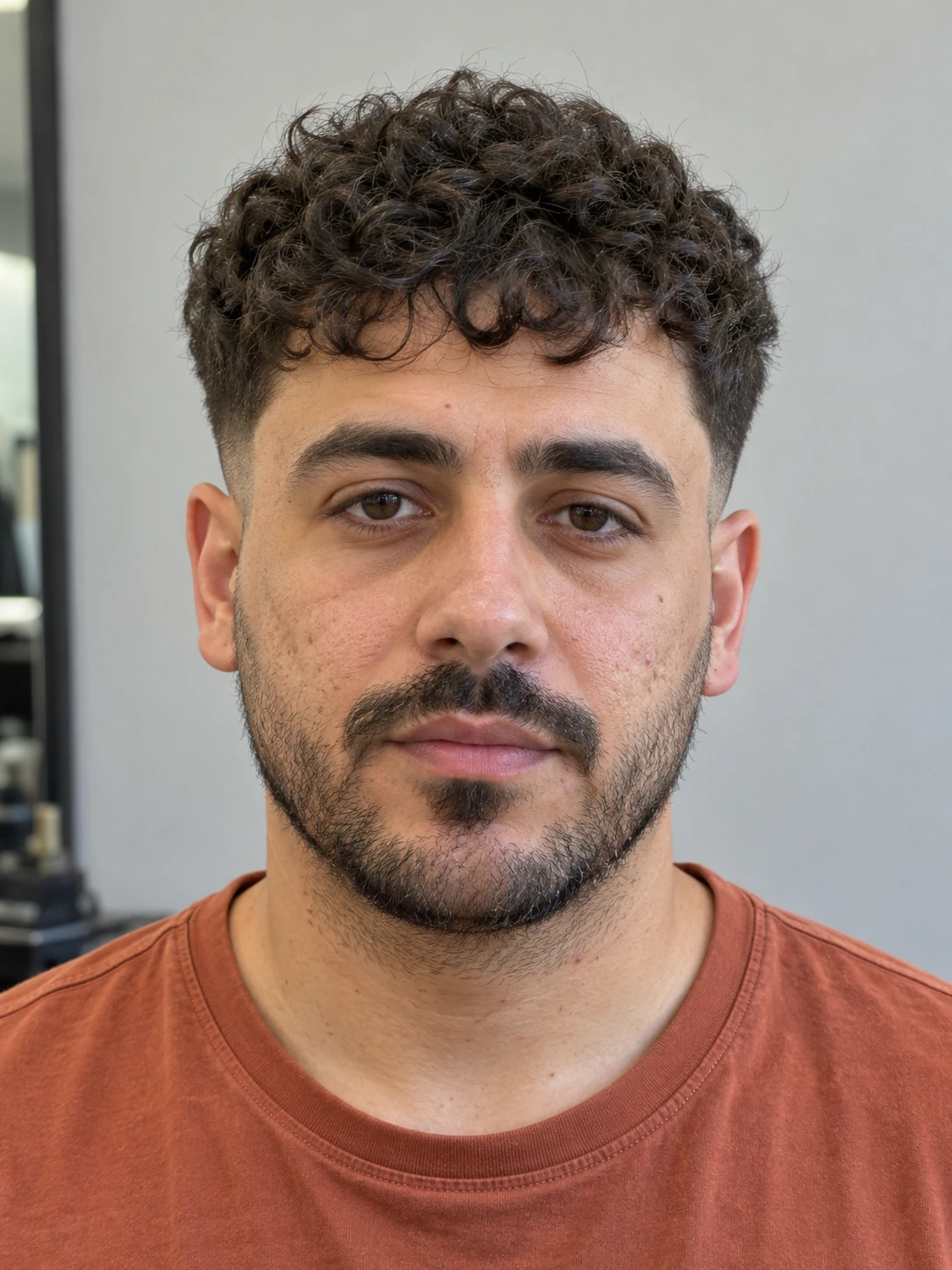 AI concept: compact curly crop with a low taper, front view.