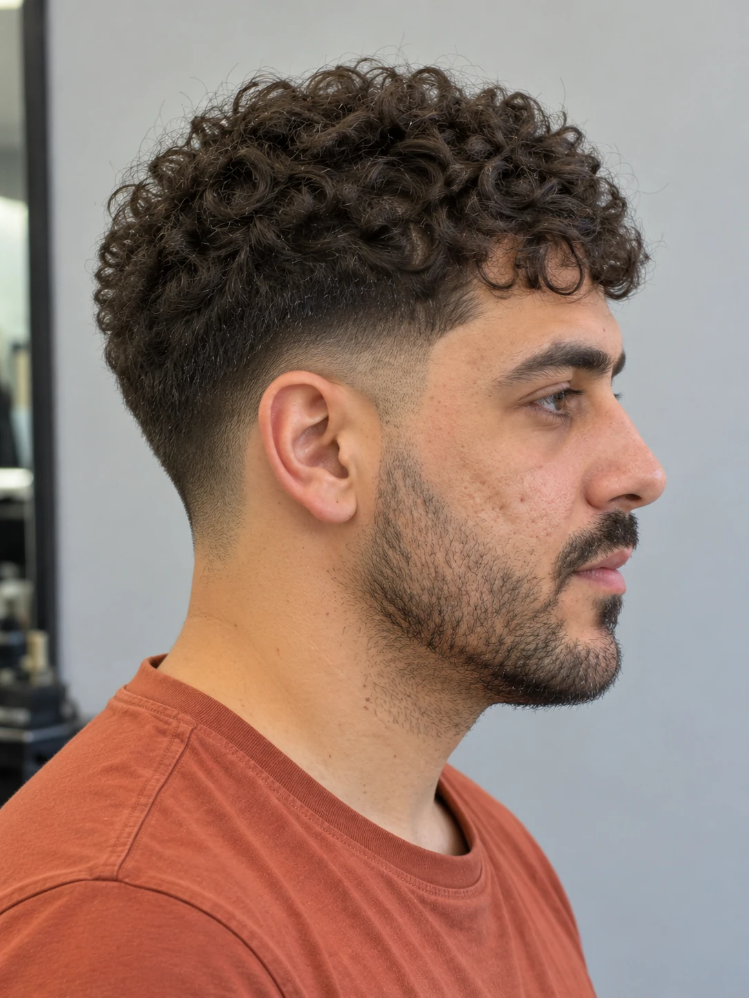 AI concept: compact curly crop with a low taper, right-side view.