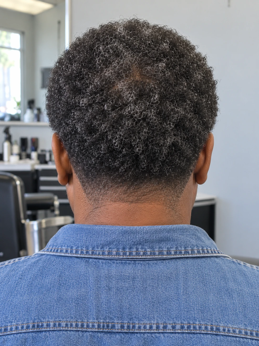 AI concept: short rounded coily Afro with a low taper, rear view.