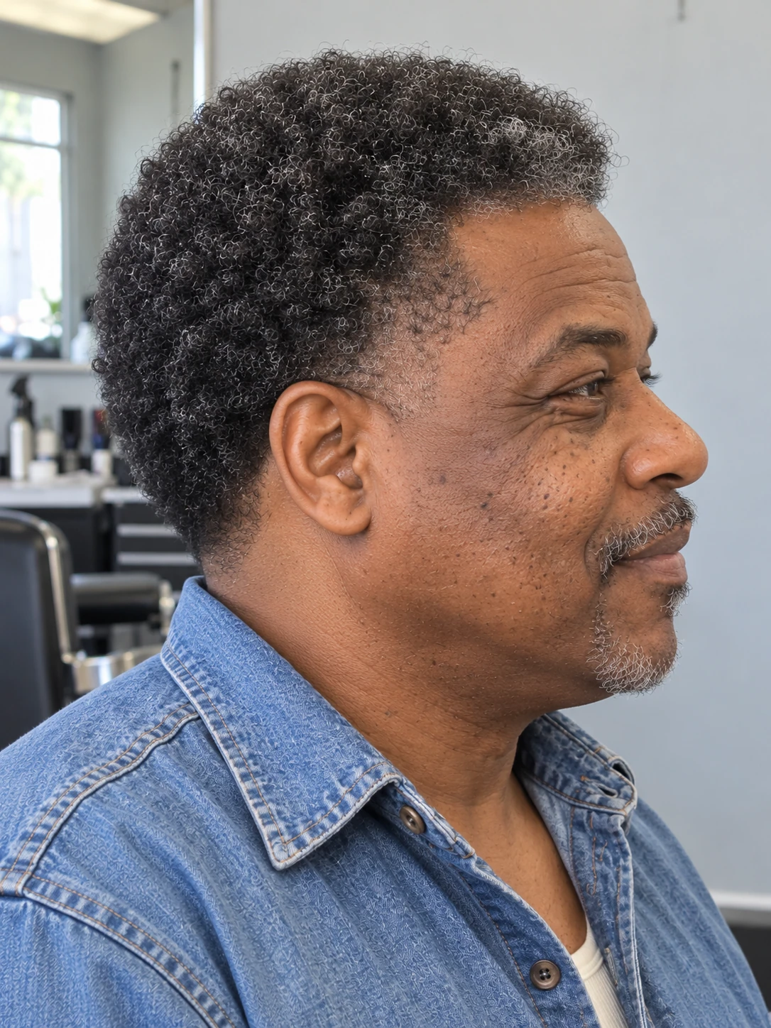AI concept: short rounded coily Afro with a low taper, right-side view.