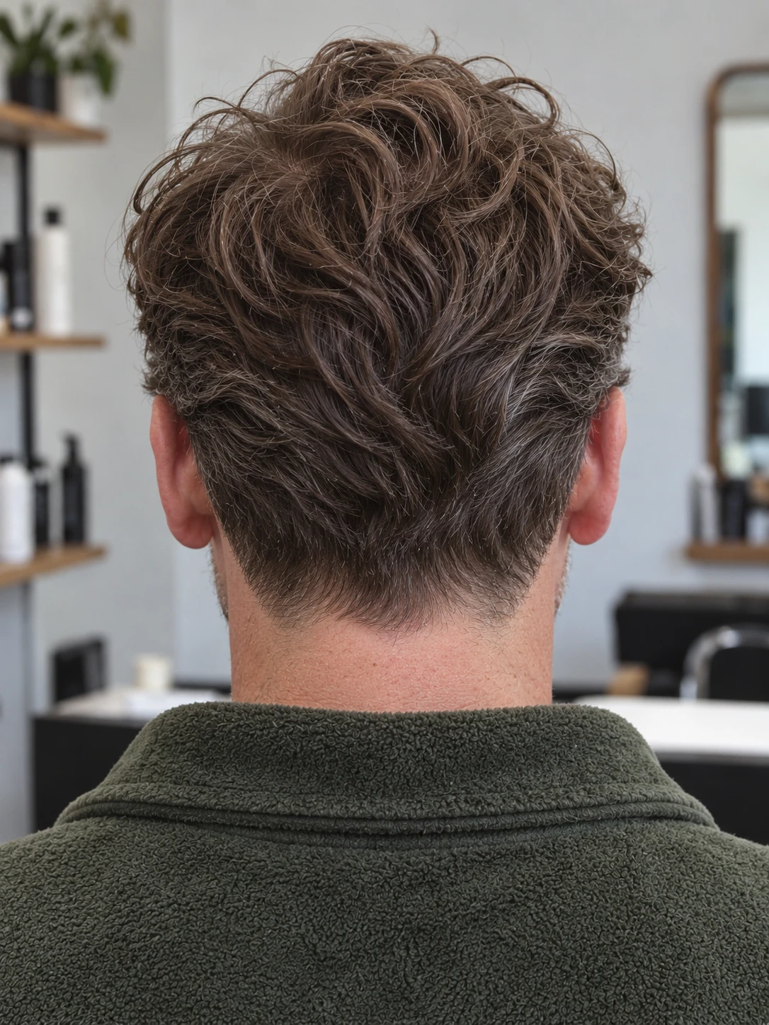 AI concept: loose brushed-back waves with a low taper, rear view.