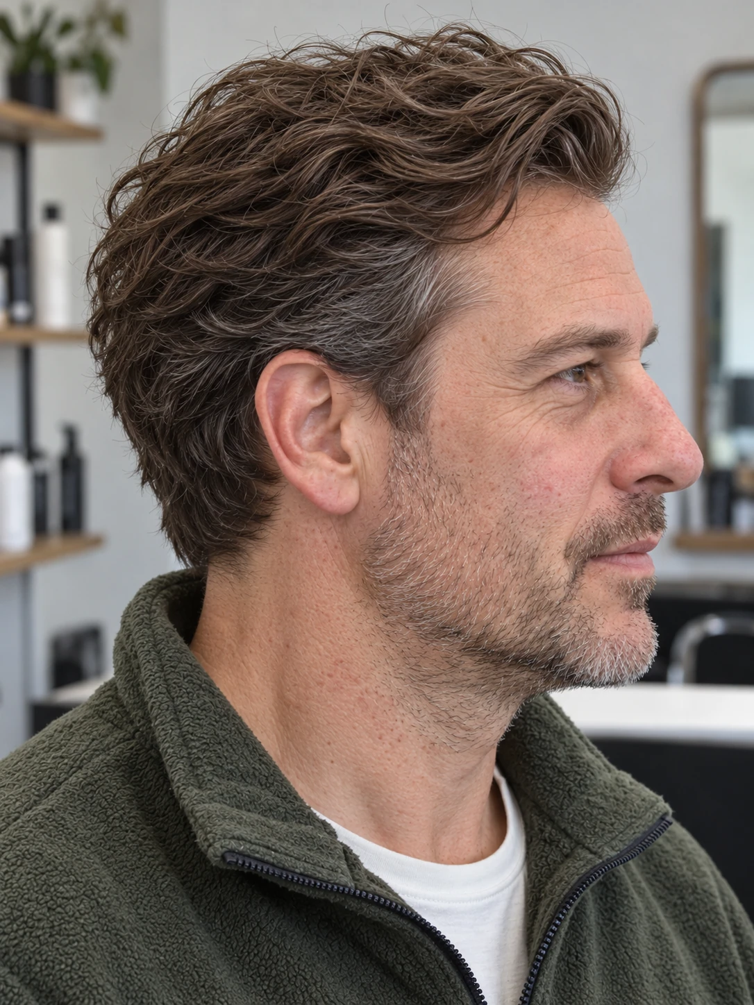AI concept: loose brushed-back waves with a low taper, right-side view.