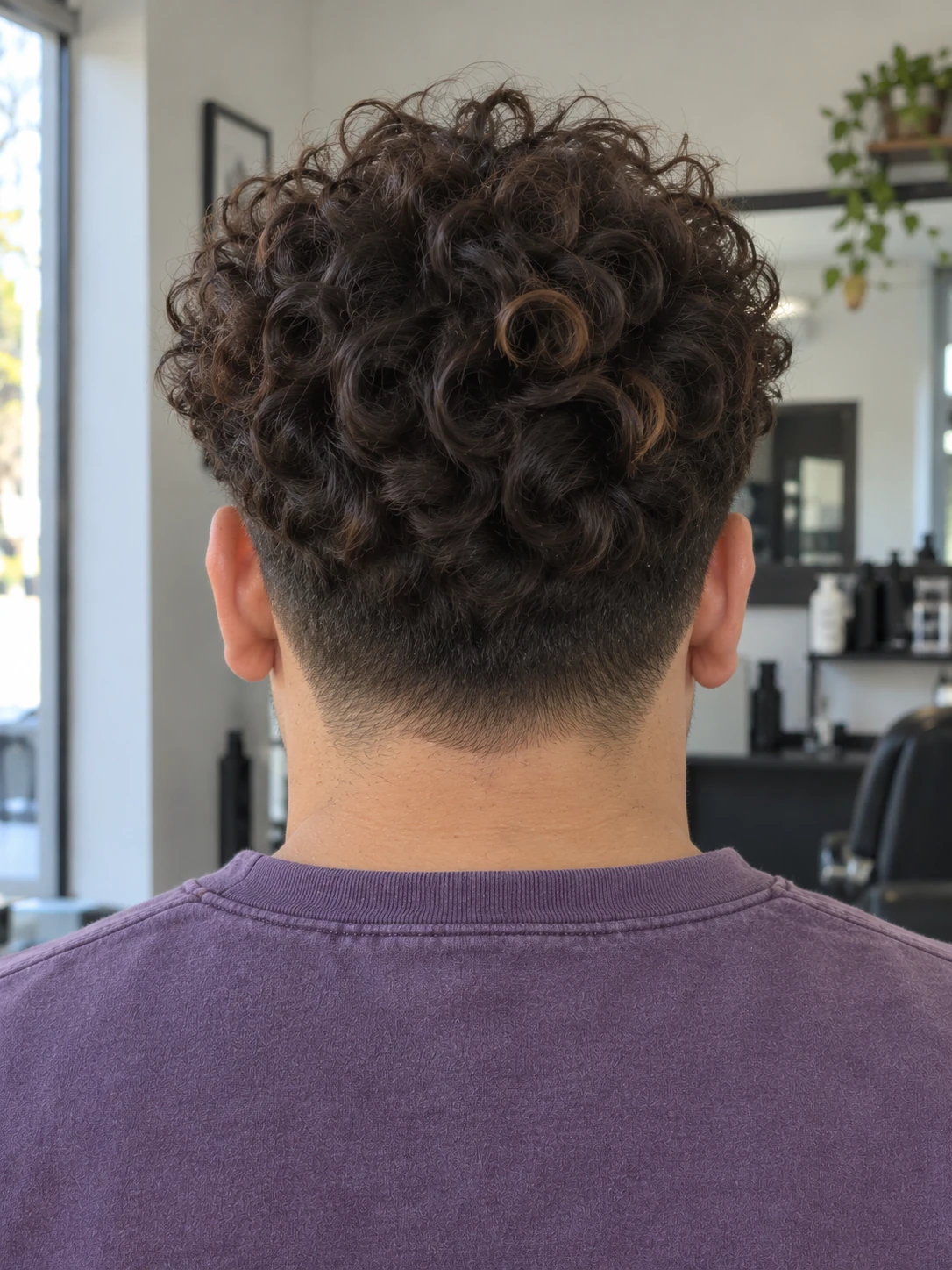 AI concept: full rounded curly top with a low taper, rear view.