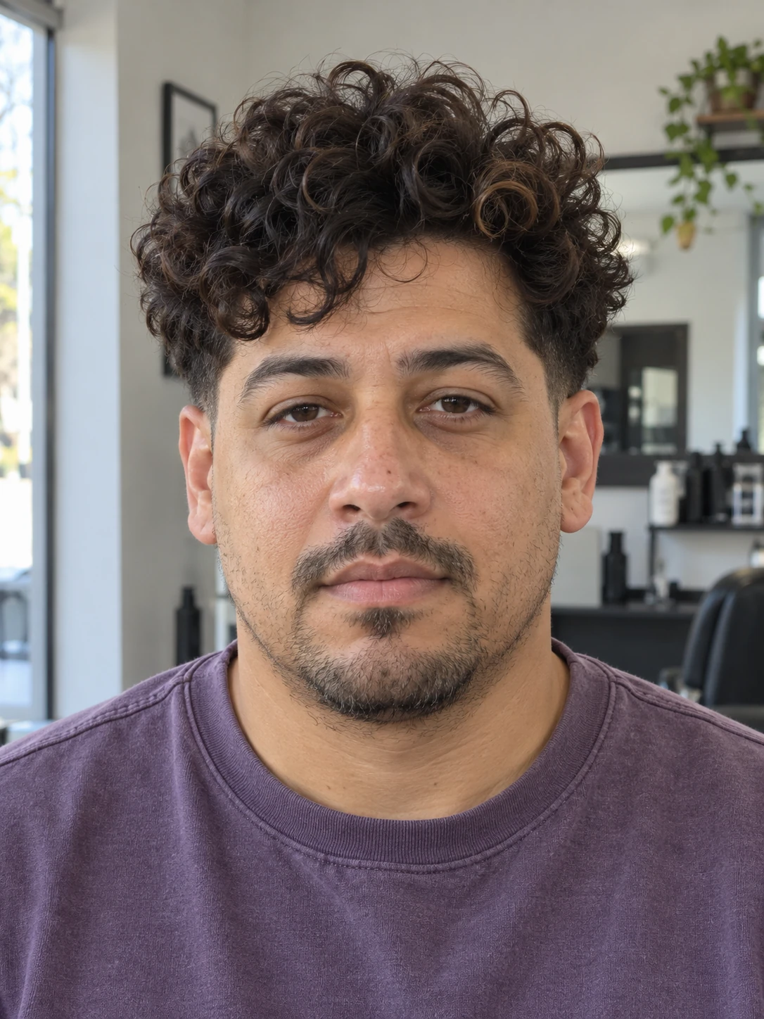 AI concept: full rounded curly top with a low taper, front view.