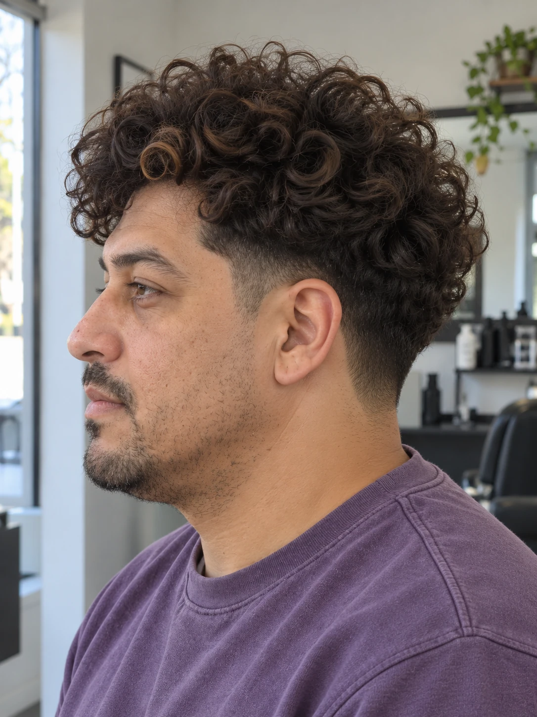 AI concept: full rounded curly top with a low taper, left-side view.
