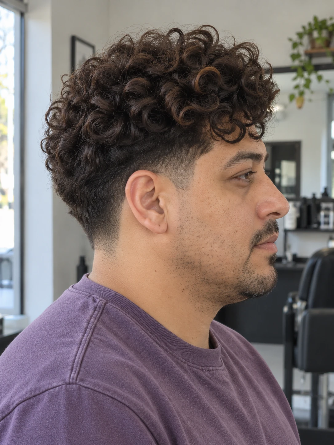 AI concept: full rounded curly top with a low taper, right-side view.