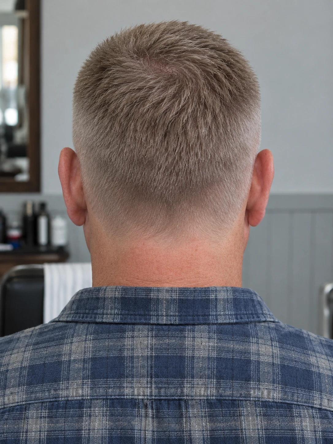AI concept: short straight crew cut with a low taper, rear view.