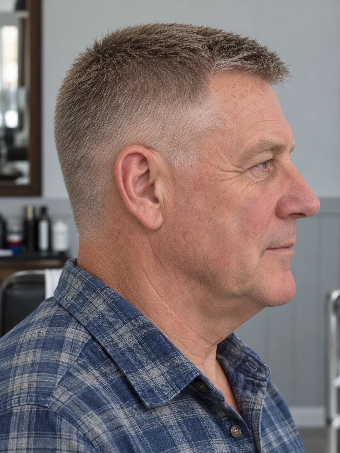 AI concept: short straight crew cut with a low taper, right-side view.