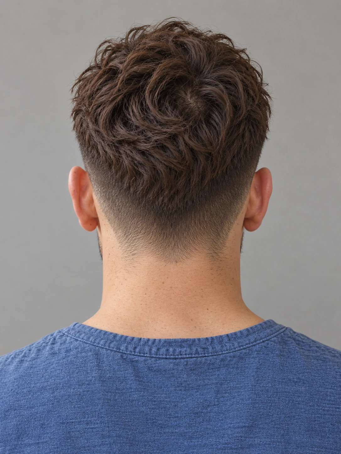 AI concept: forward wavy fringe with a mid taper, rear view.