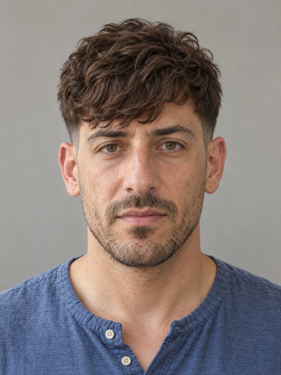 AI concept: forward wavy fringe with a mid taper, front view.