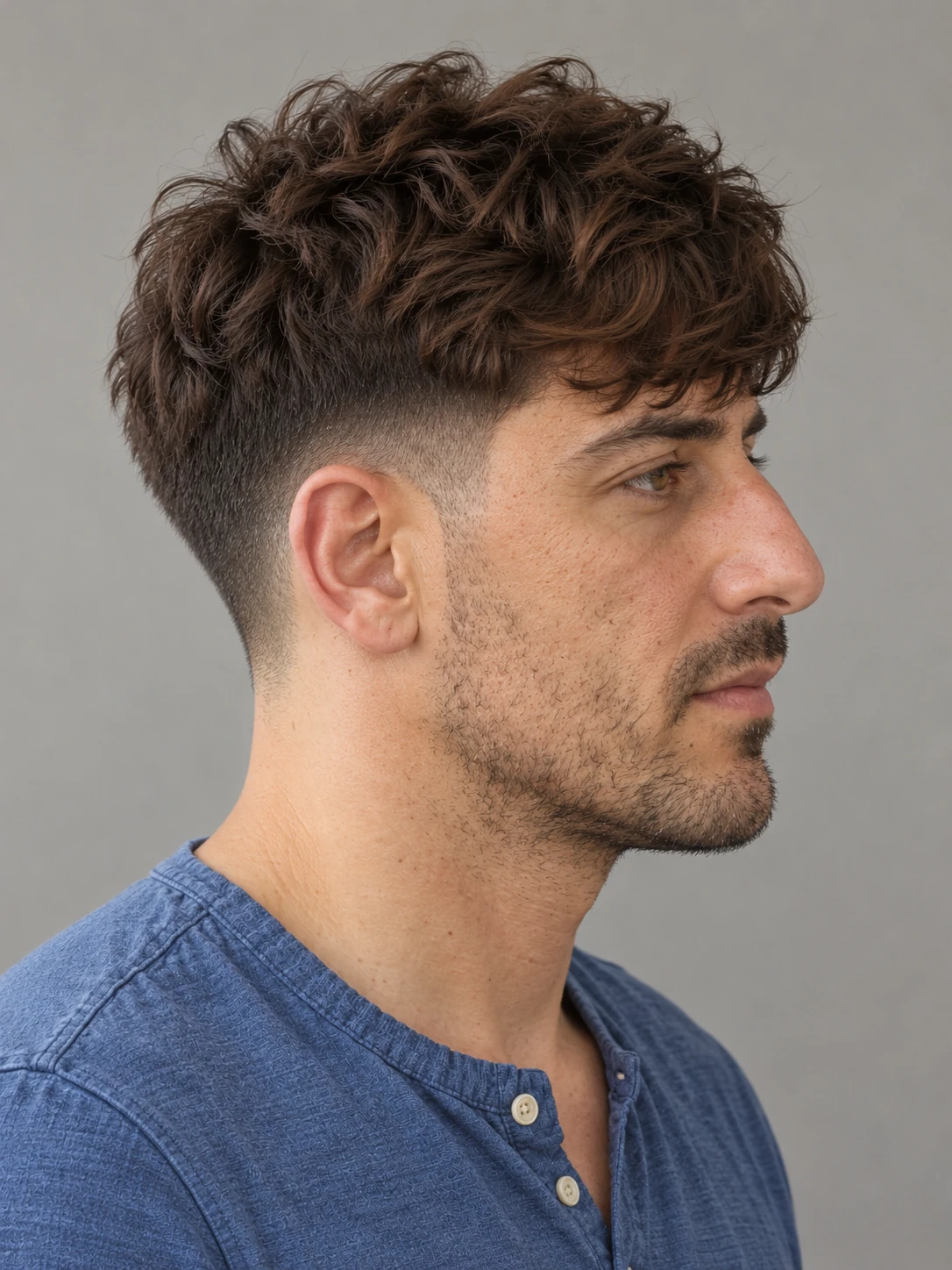 AI concept: forward wavy fringe with a mid taper, left-side angled view.