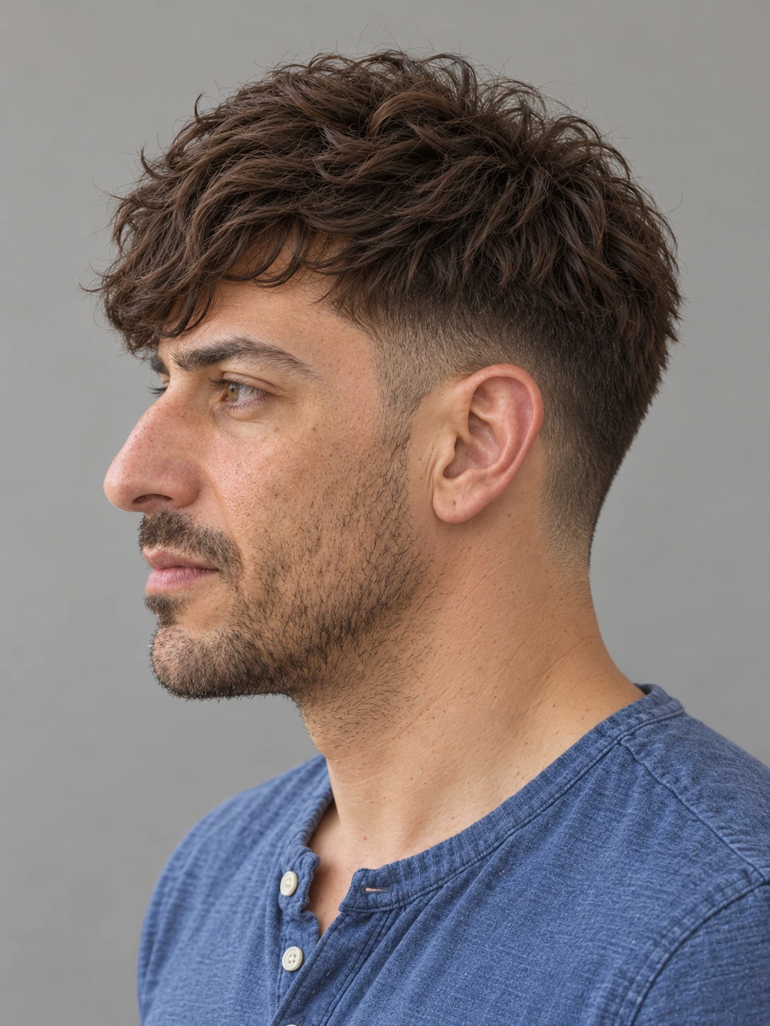 AI concept: forward wavy fringe with a mid taper, right-side angled view.