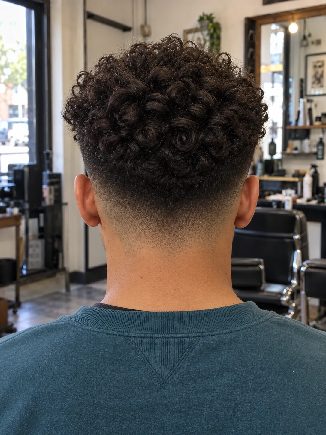 AI haircut concept: low shadow fade with a forward curl crest, rear view.