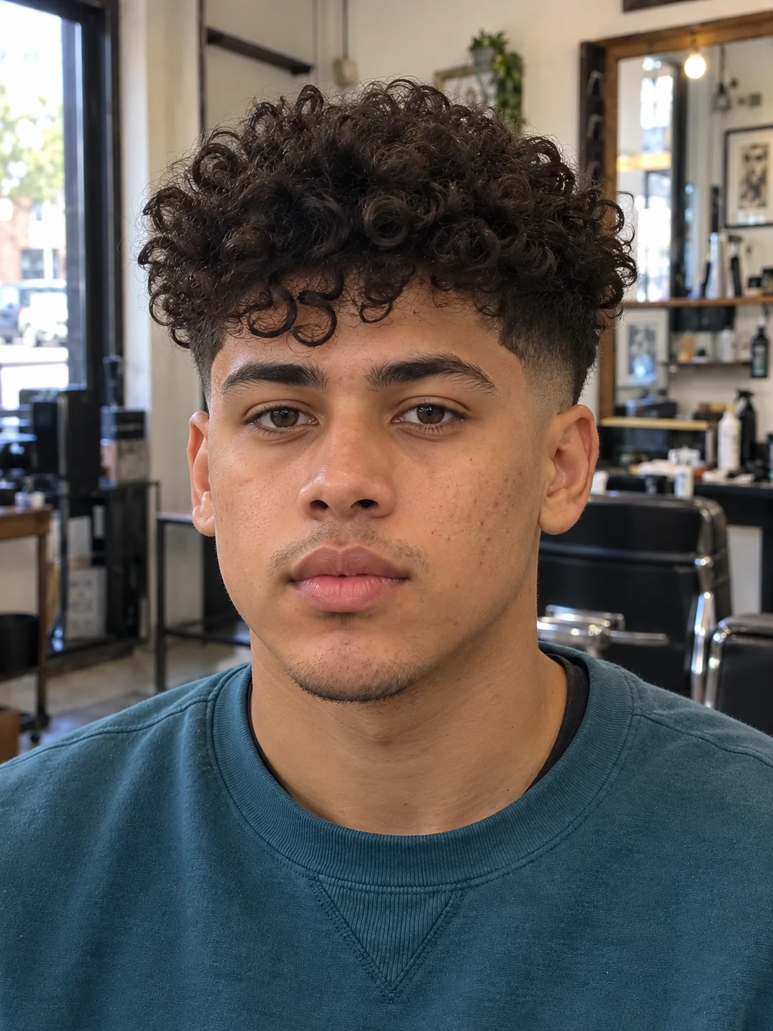 AI haircut concept: low shadow fade with a forward curl crest, front view.