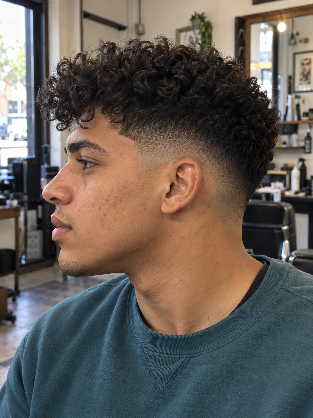 AI concept: low shadow fade with a forward curl crest, left-side near-profile view.