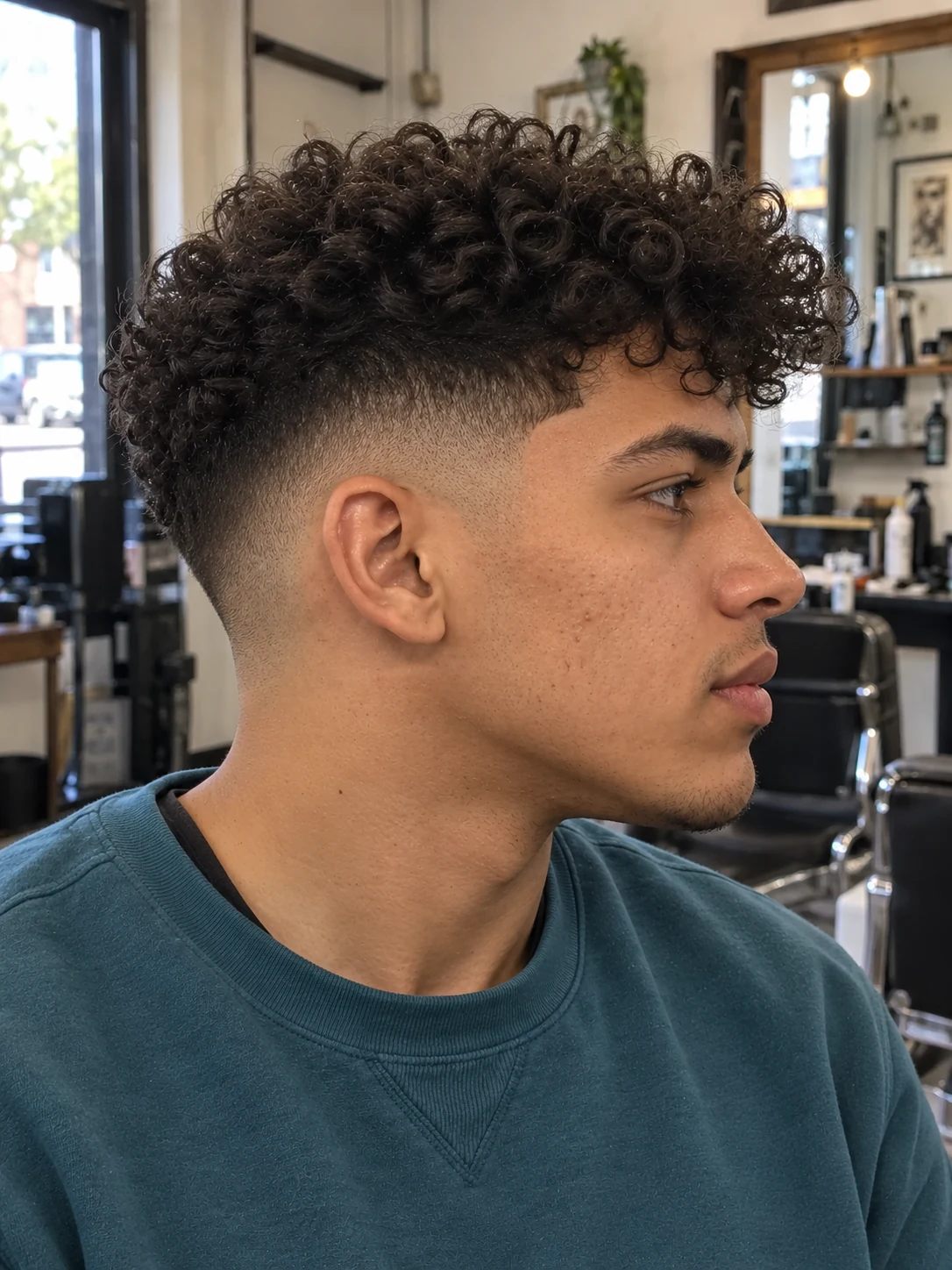 AI haircut concept: low shadow fade with a forward curl crest, opposite-side view.