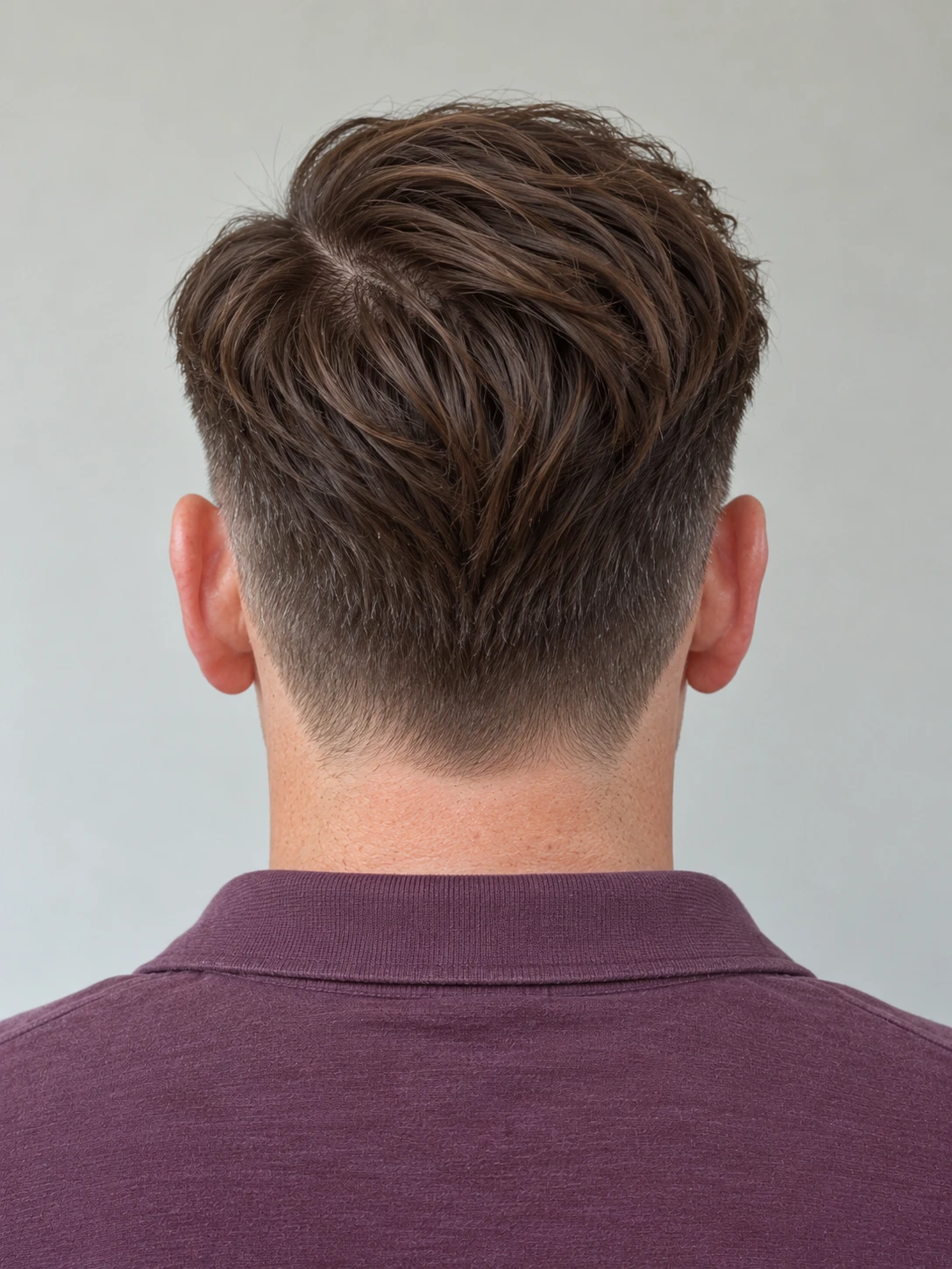 AI concept: defined straight side part with a mid taper, rear view.