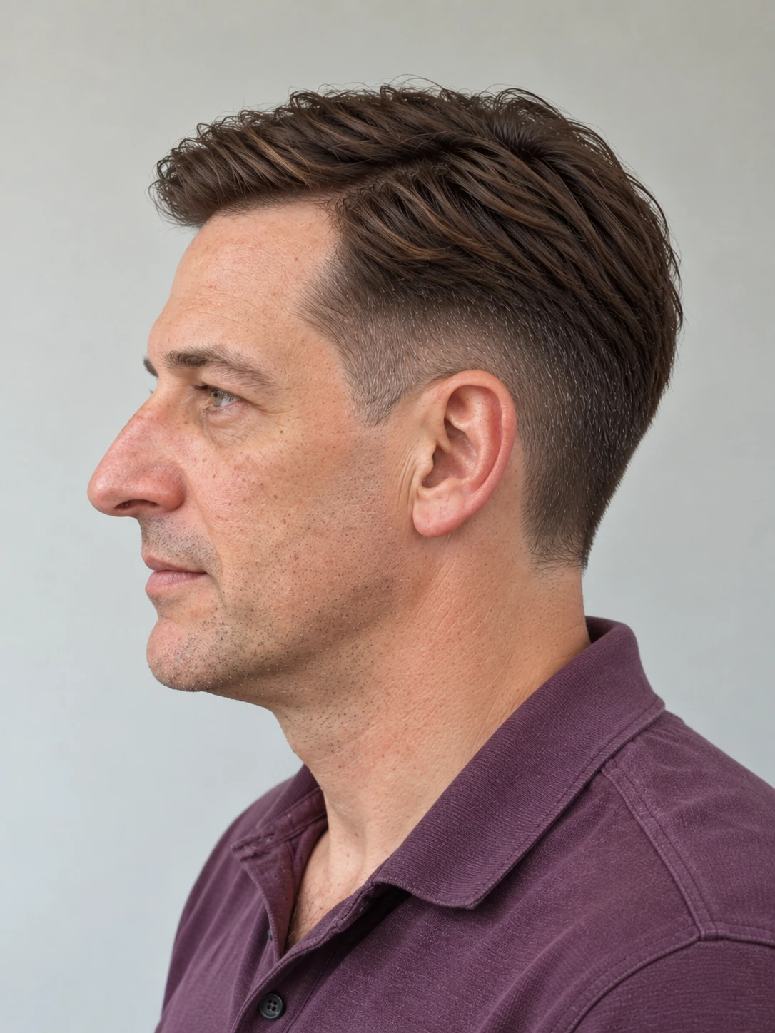 AI concept: defined straight side part with a mid taper, right-side angled view.