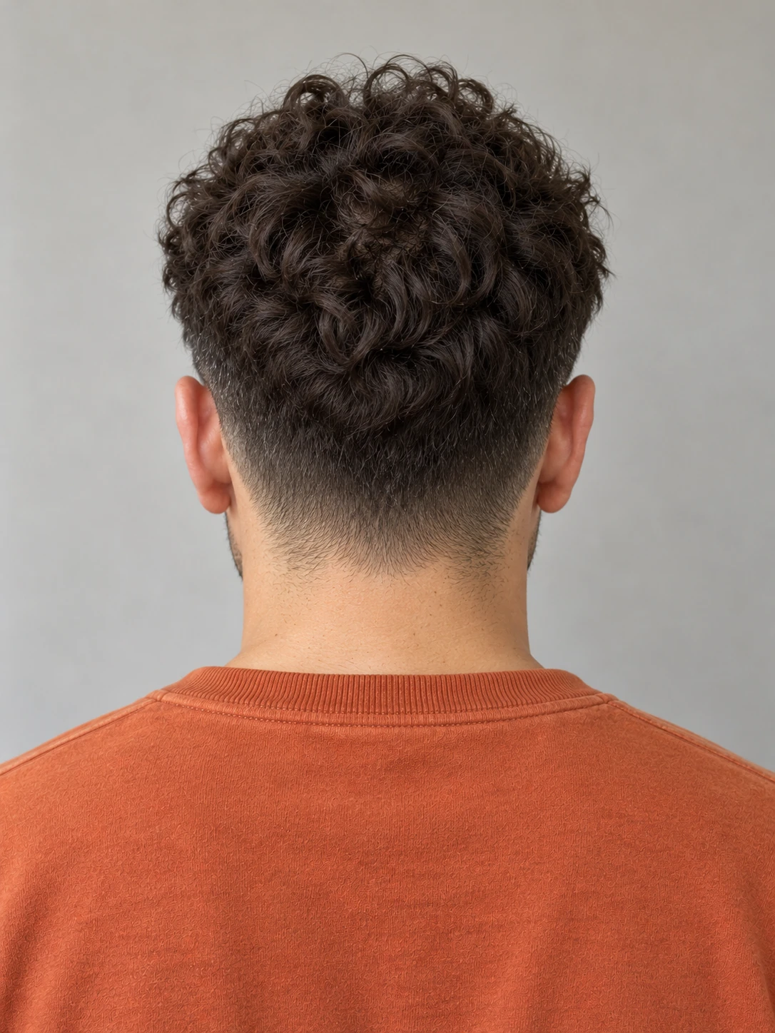 AI concept: loose curly fringe with a mid taper, rear view.