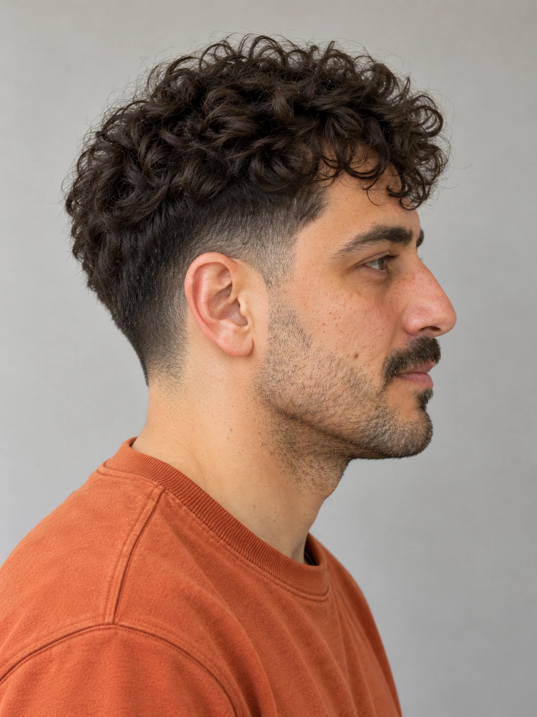 AI concept: loose curly fringe with a mid taper, right-side view.