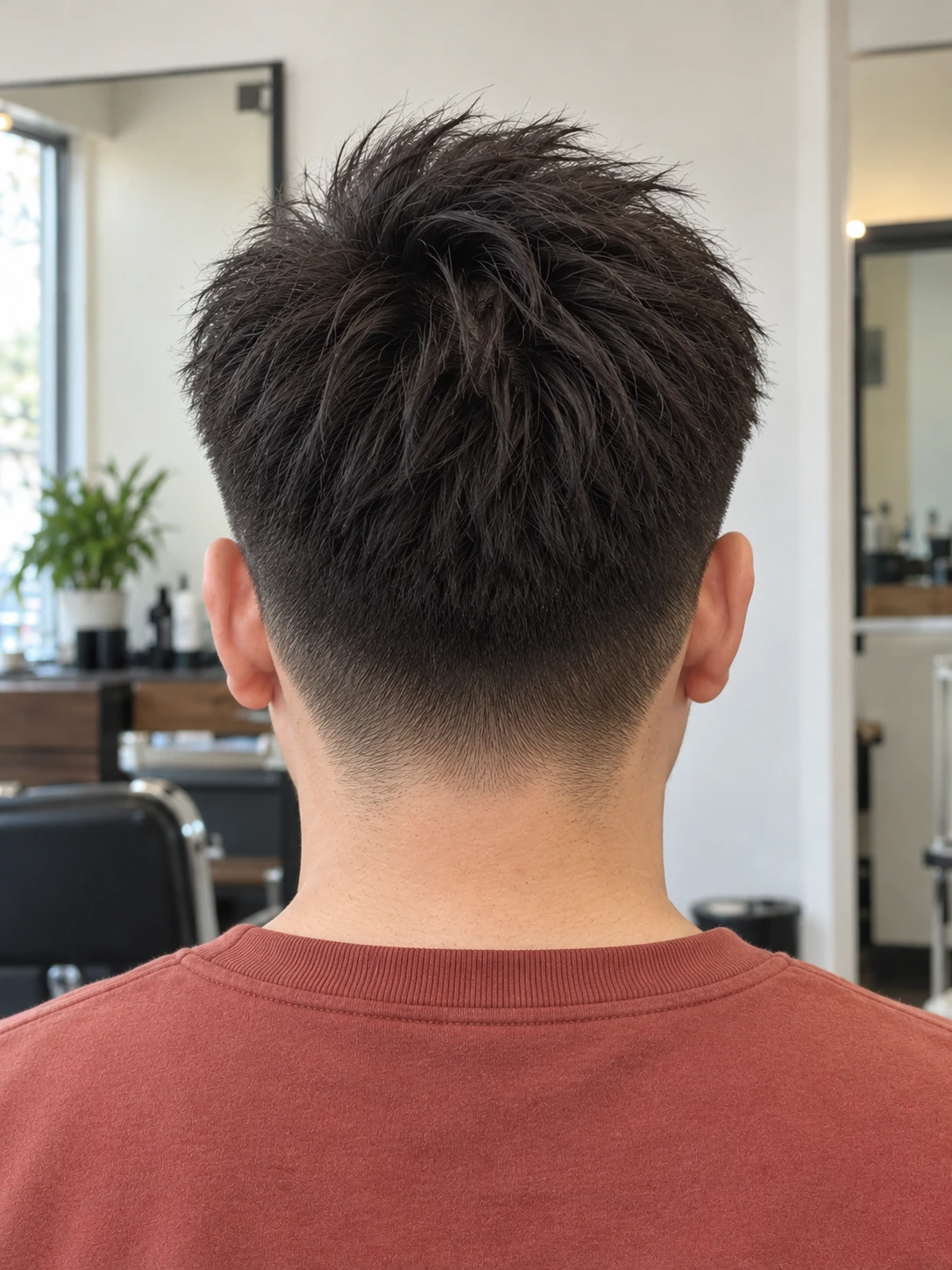 AI concept: lifted straight blowout top with a mid taper, rear view.