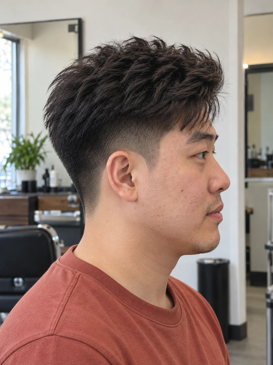 AI concept: lifted straight blowout top with a mid taper, right-side view.