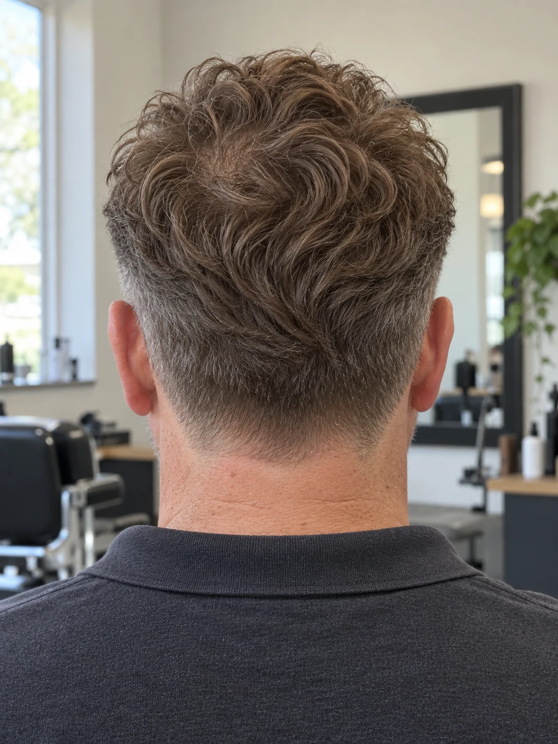 AI concept: loose wavy quiff with a mid taper, rear view.