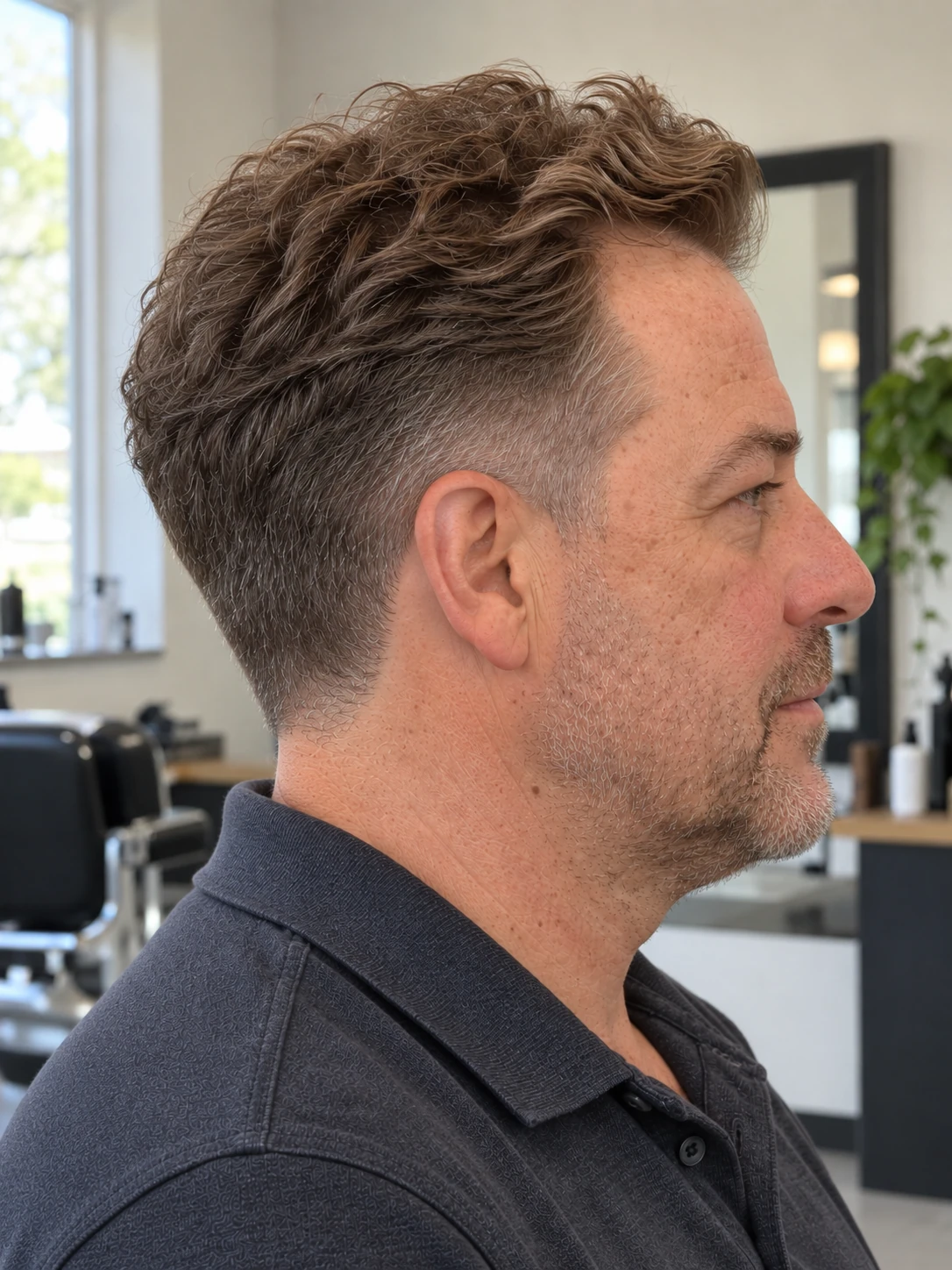 AI concept: loose wavy quiff with a mid taper, right-side view.