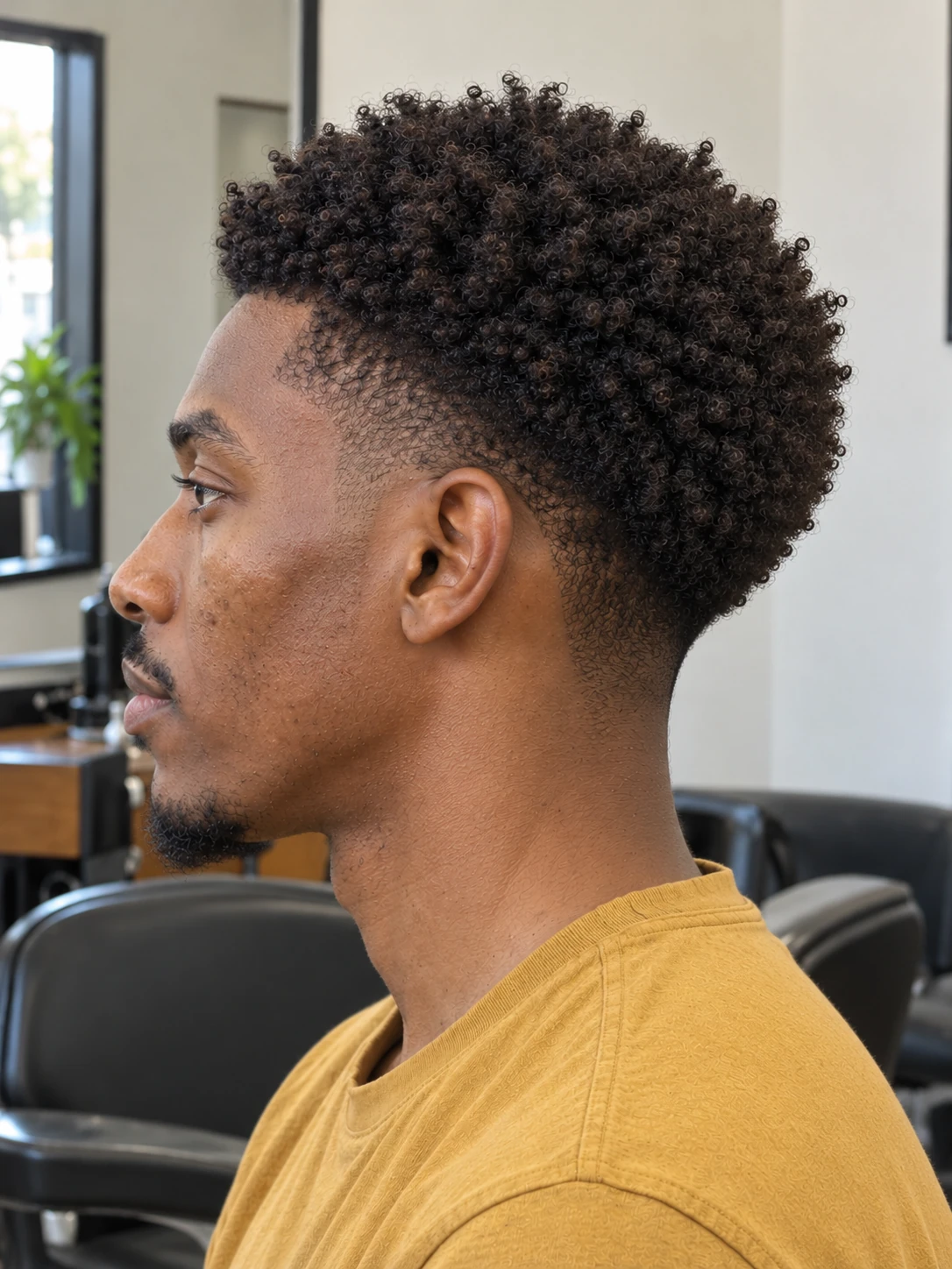AI concept: compact defined coily top with a mid taper, left-side view.