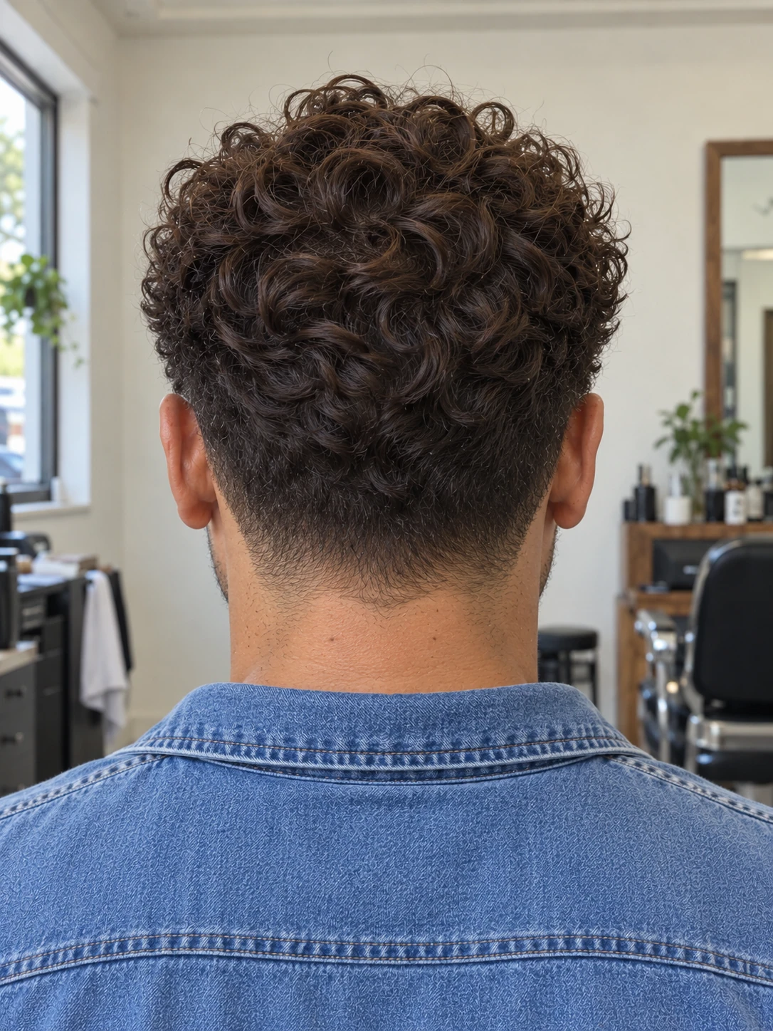 AI concept: swept-back curly top with a mid taper, rear view.