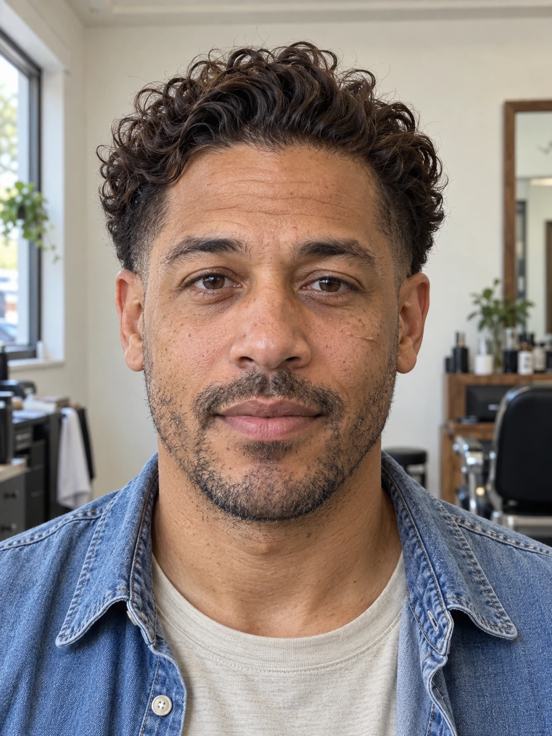AI concept: swept-back curly top with a mid taper, front view.