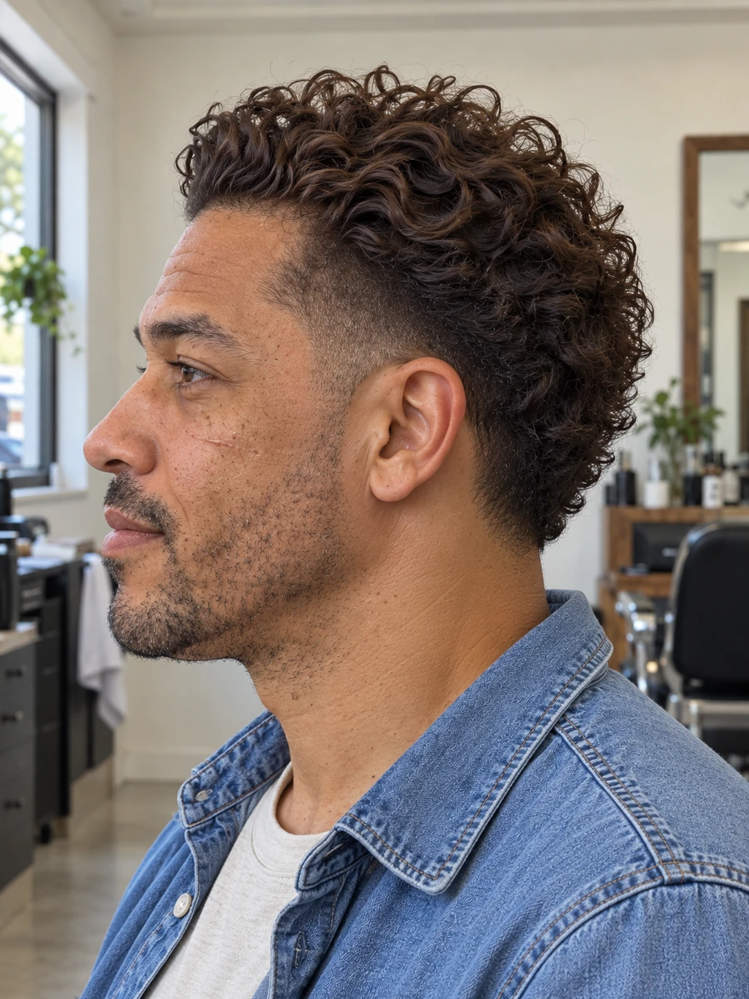 AI concept: swept-back curly top with a mid taper, left-side view.