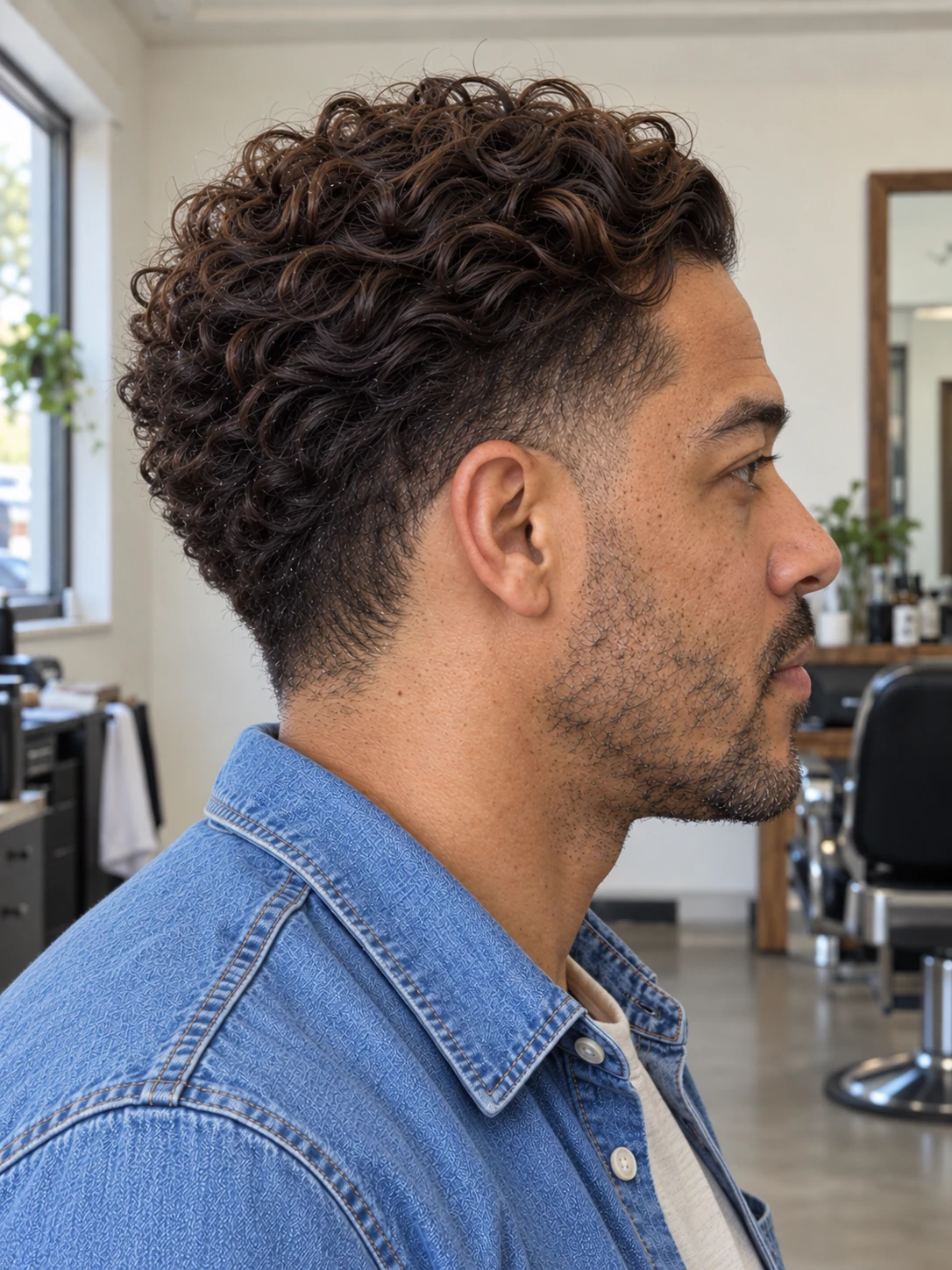 AI concept: swept-back curly top with a mid taper, right-side view.