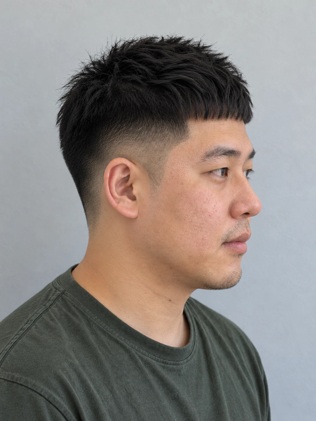 AI concept: short straight blunt crop with a high taper, left-side angled view.