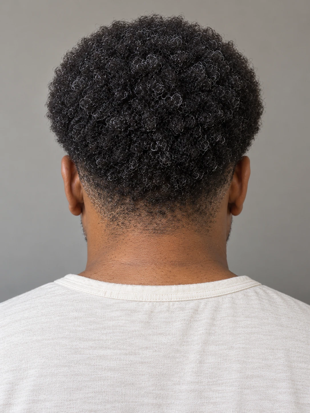 AI concept: rounded salt-and-pepper coily Afro with a high taper, rear view.