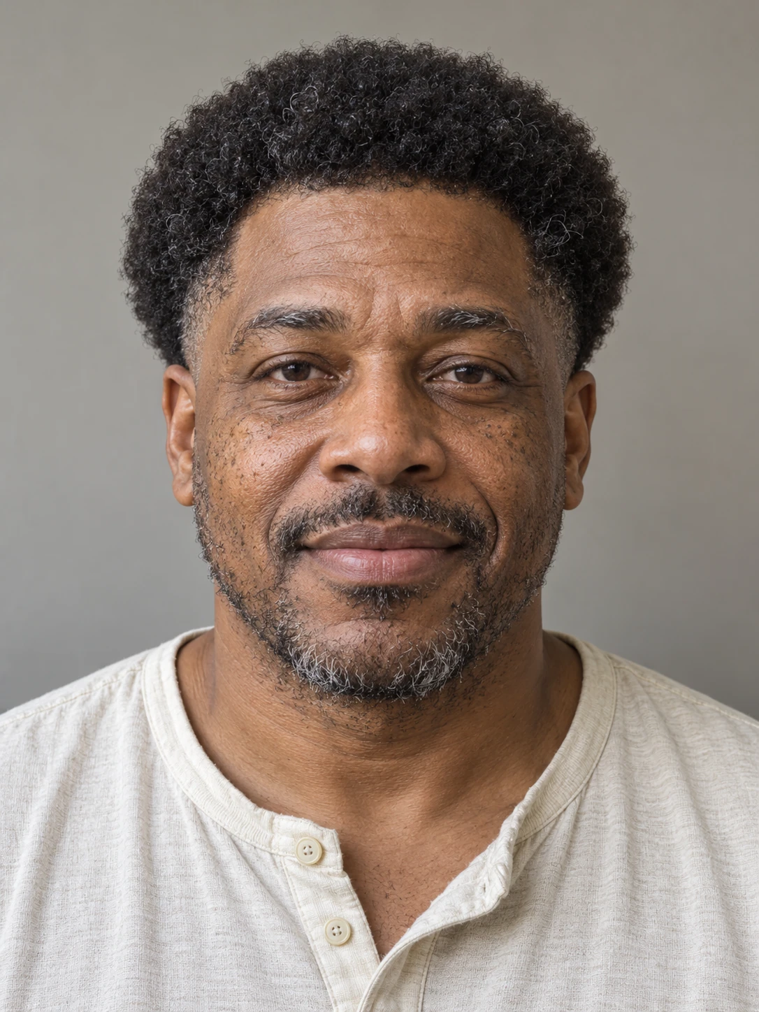 AI concept: rounded salt-and-pepper coily Afro with a high taper, front view.
