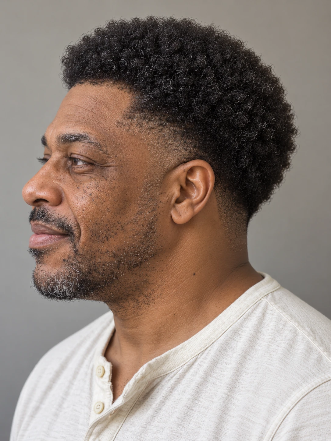 AI concept: rounded salt-and-pepper coily Afro with a high taper, left-side angled view.