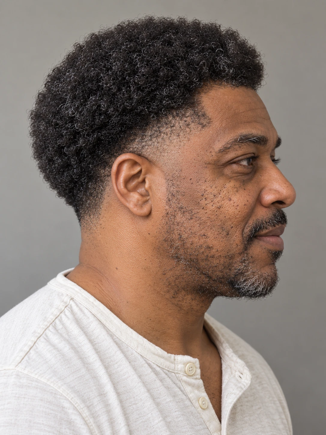 AI concept: rounded salt-and-pepper coily Afro with a high taper, right-side angled view.