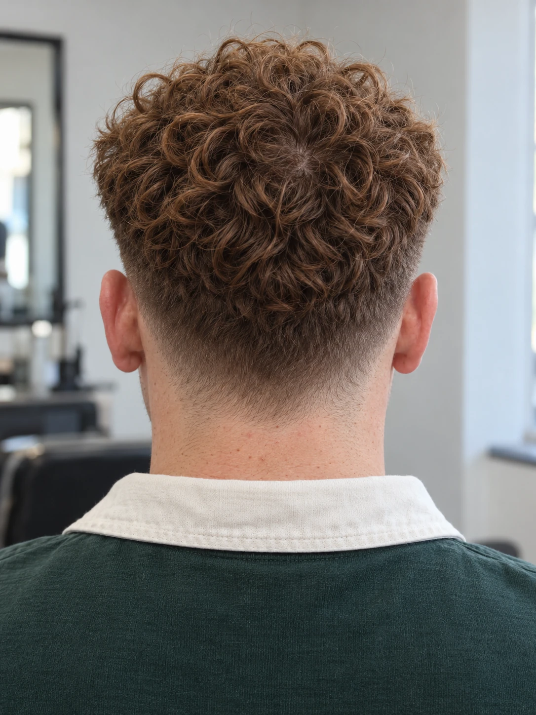 AI concept: compact copper curly top with a high taper, rear view.