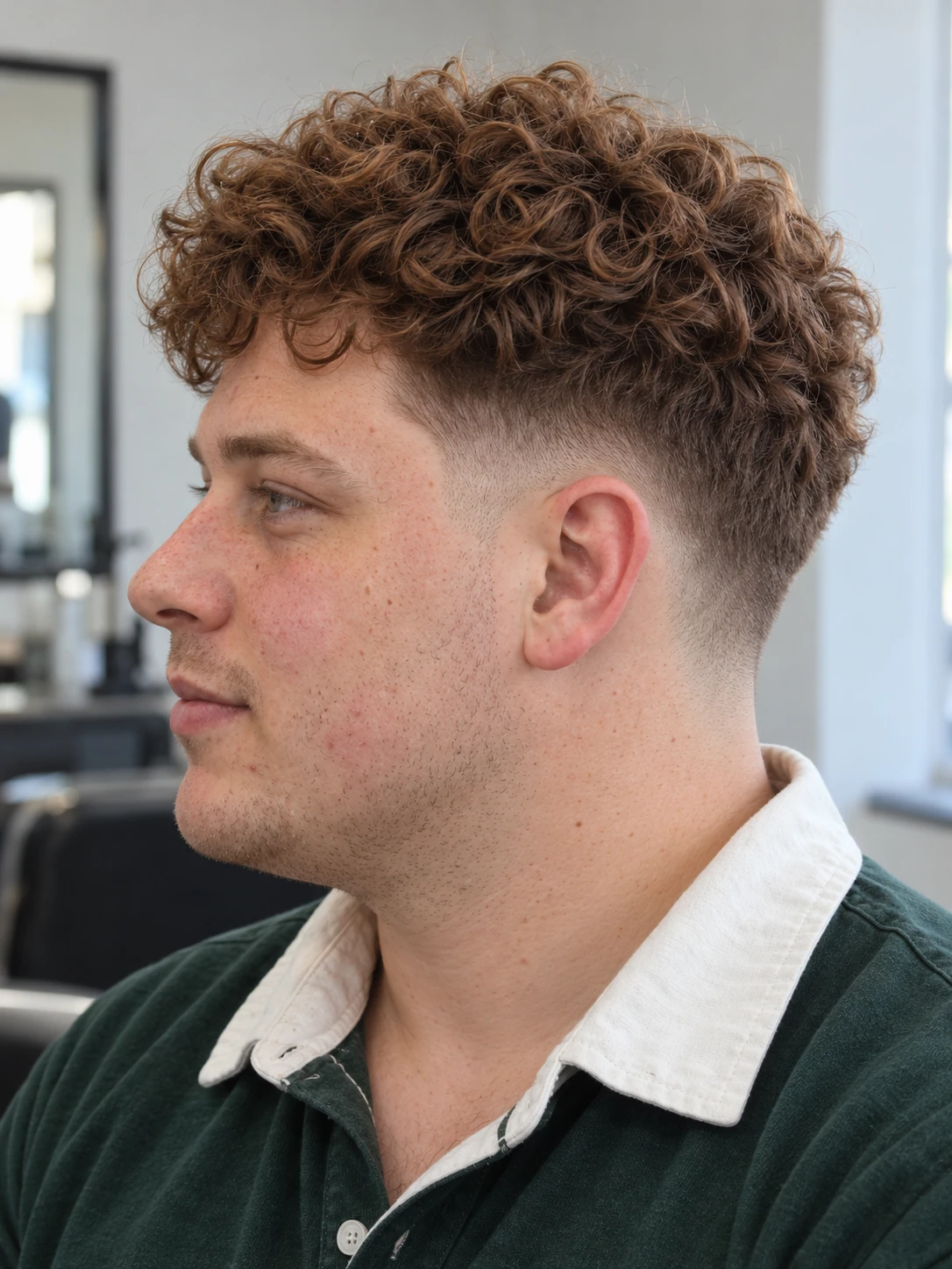 AI concept: compact copper curly top with a high taper, left-side view.