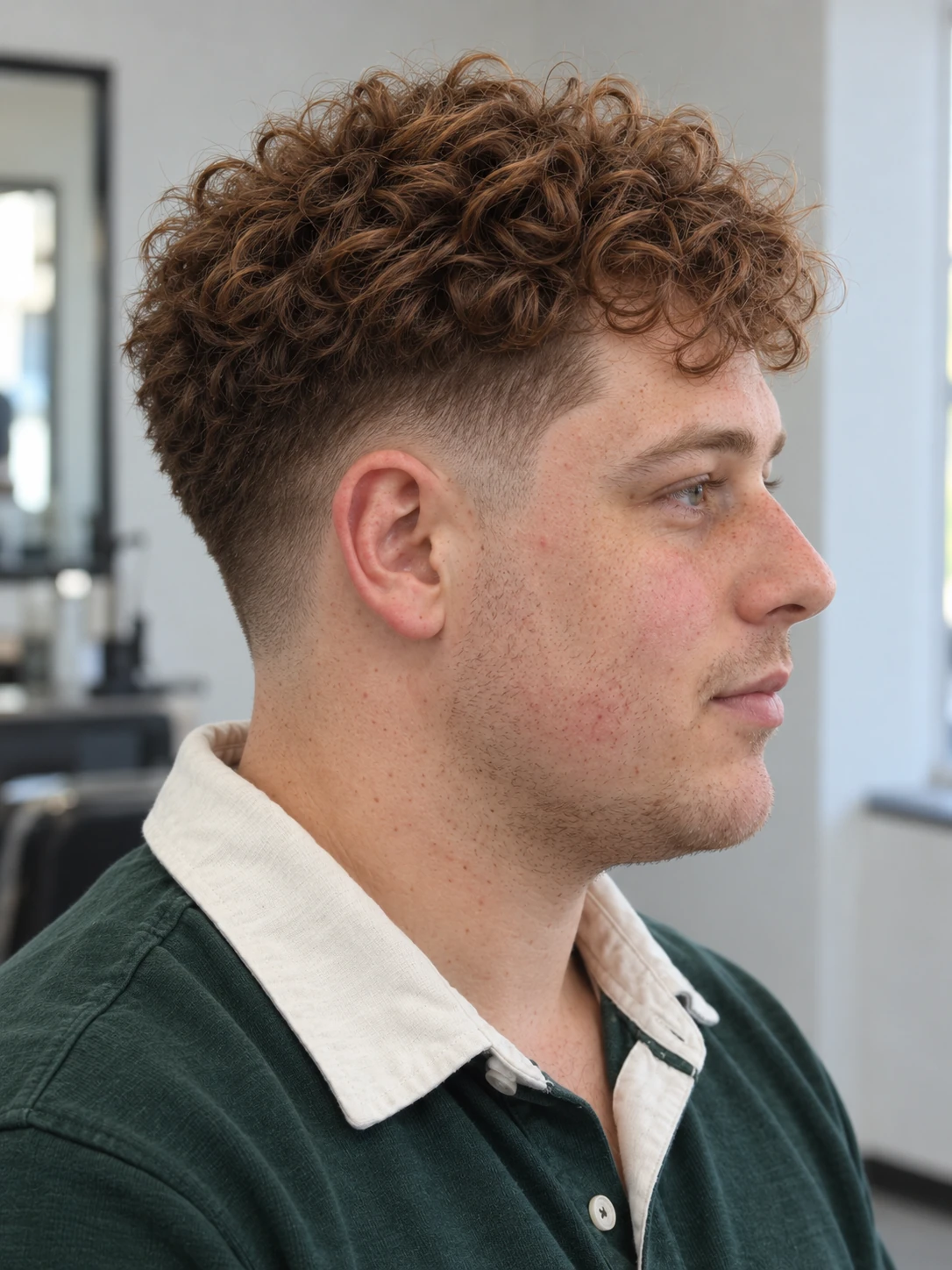 AI concept: compact copper curly top with a high taper, right-side view.