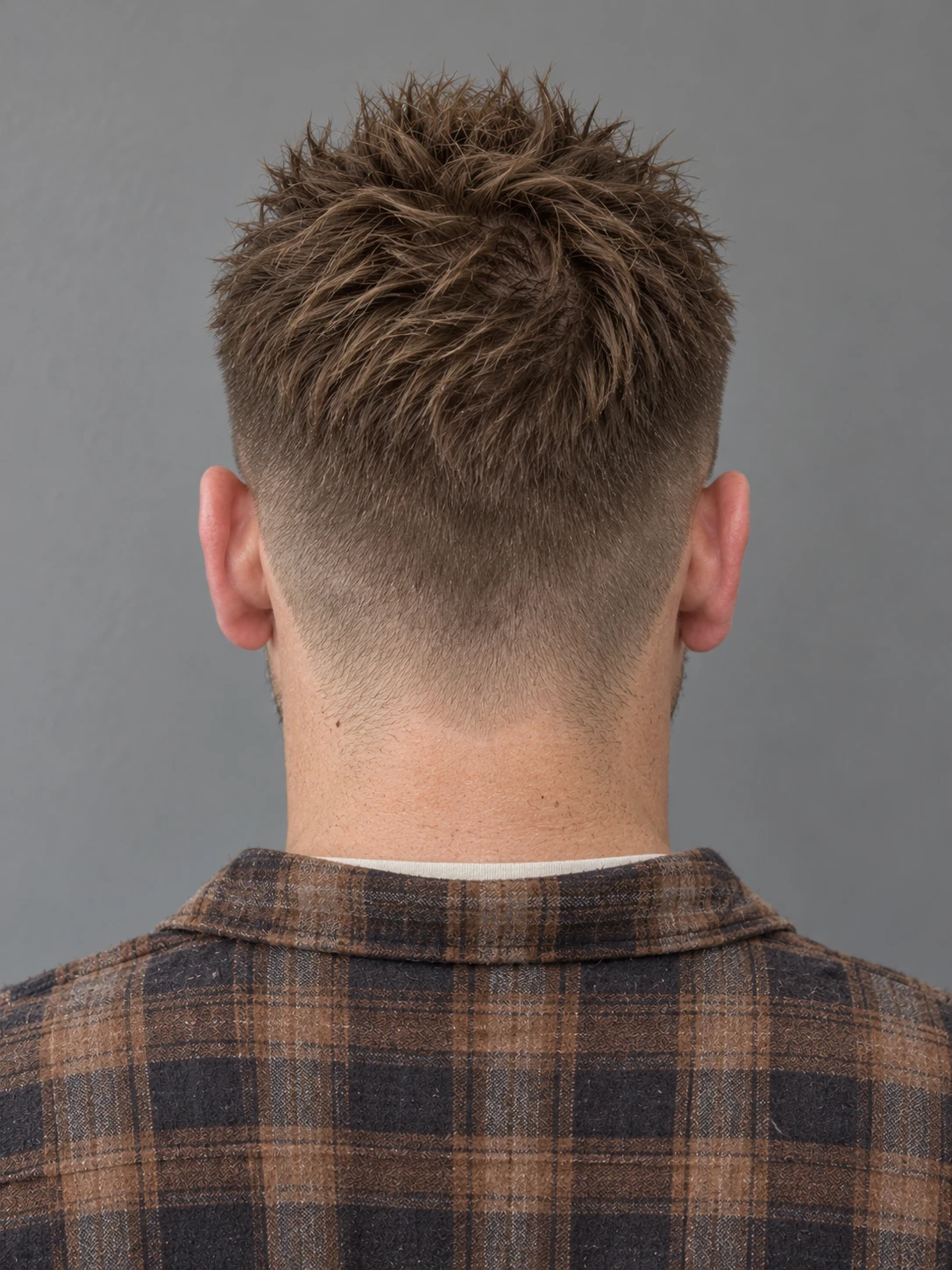 AI concept: short straight textured spikes with a high taper, rear view.