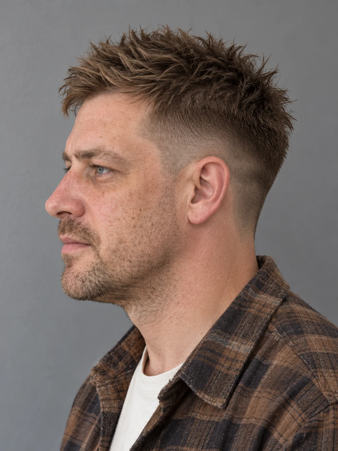 AI concept: short straight textured spikes with a high taper, left-side view.